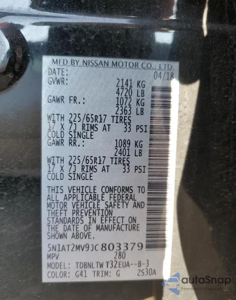 2018 Nissan Rogue S z USA, uszkodzony, nr VIN 5N1AT2MV9JC803379